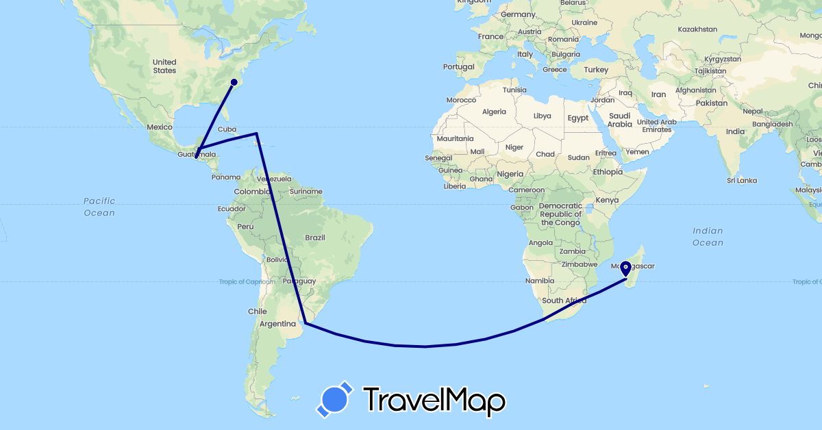 TravelMap itinerary: driving in Guatemala, Lesotho, Madagascar, Turks and Caicos Islands, United States, Uruguay, South Africa (Africa, North America, South America)